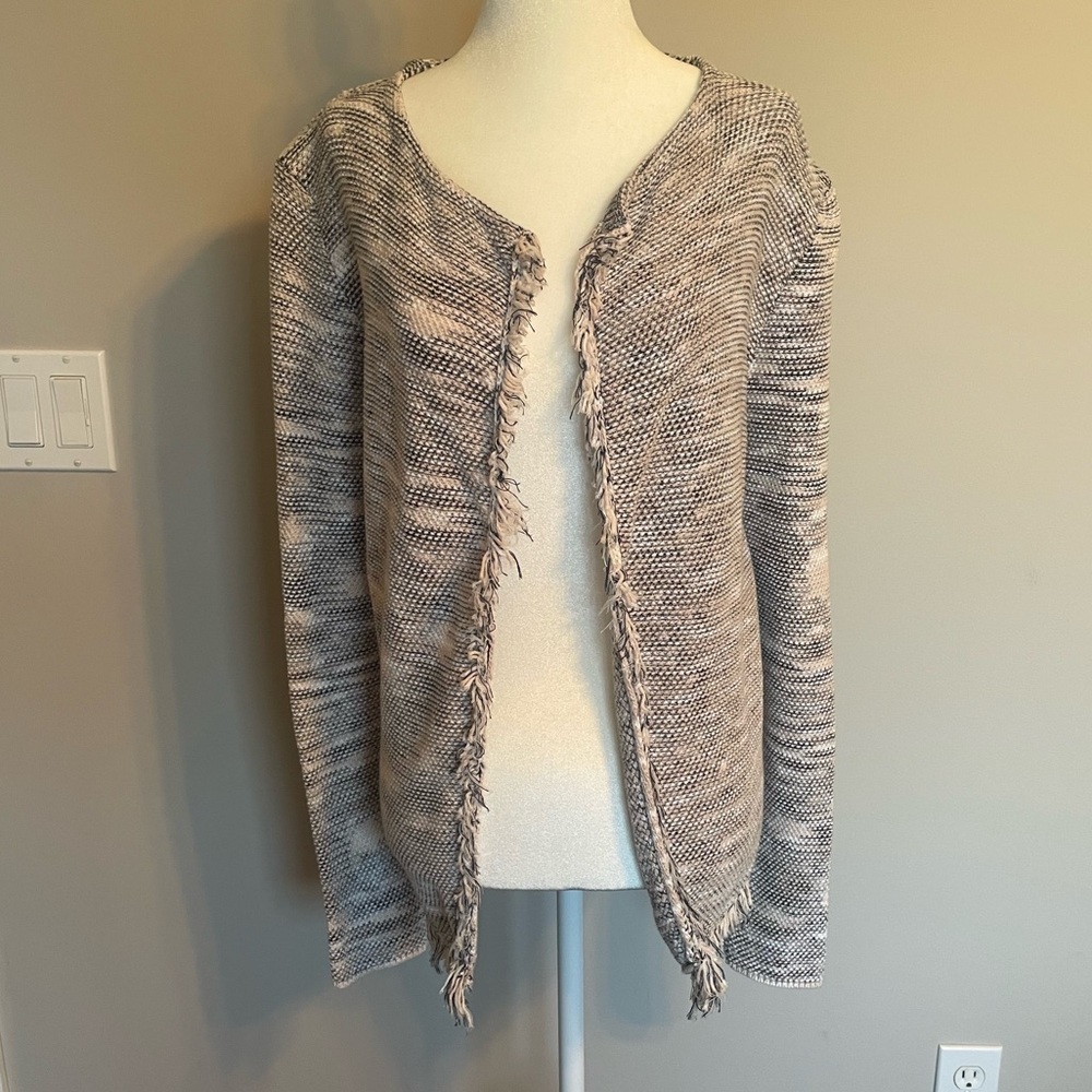 Women's Open-Front Fringe Trim Sweater Cardigan - black, pink and cream